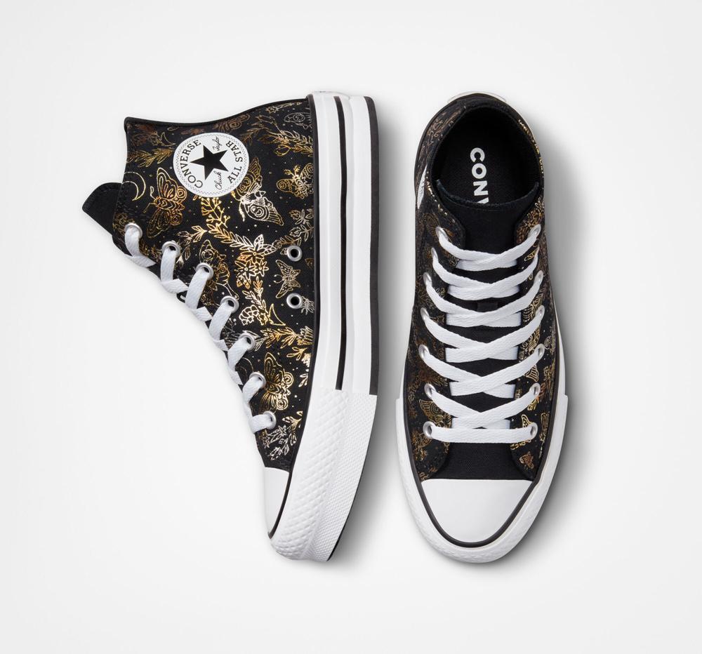 Black / Gold / White Converse Chuck Taylor All Star Eva Lift Platform Butterfly Shine Big Kids Girls' High Tops  US |  49721-FEDC