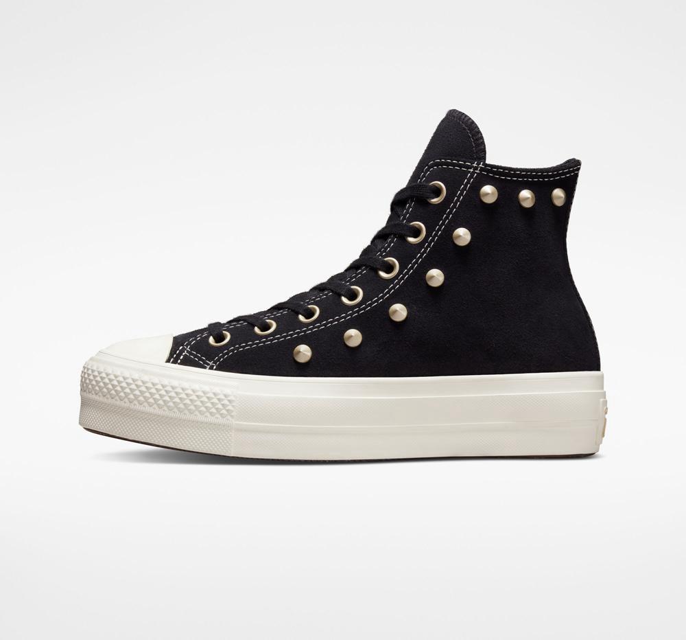 Black / Light Gold / Egret Converse Chuck Taylor All Star Lift Platform Suede Studs Women's High Tops  US |  07462-AYBQ