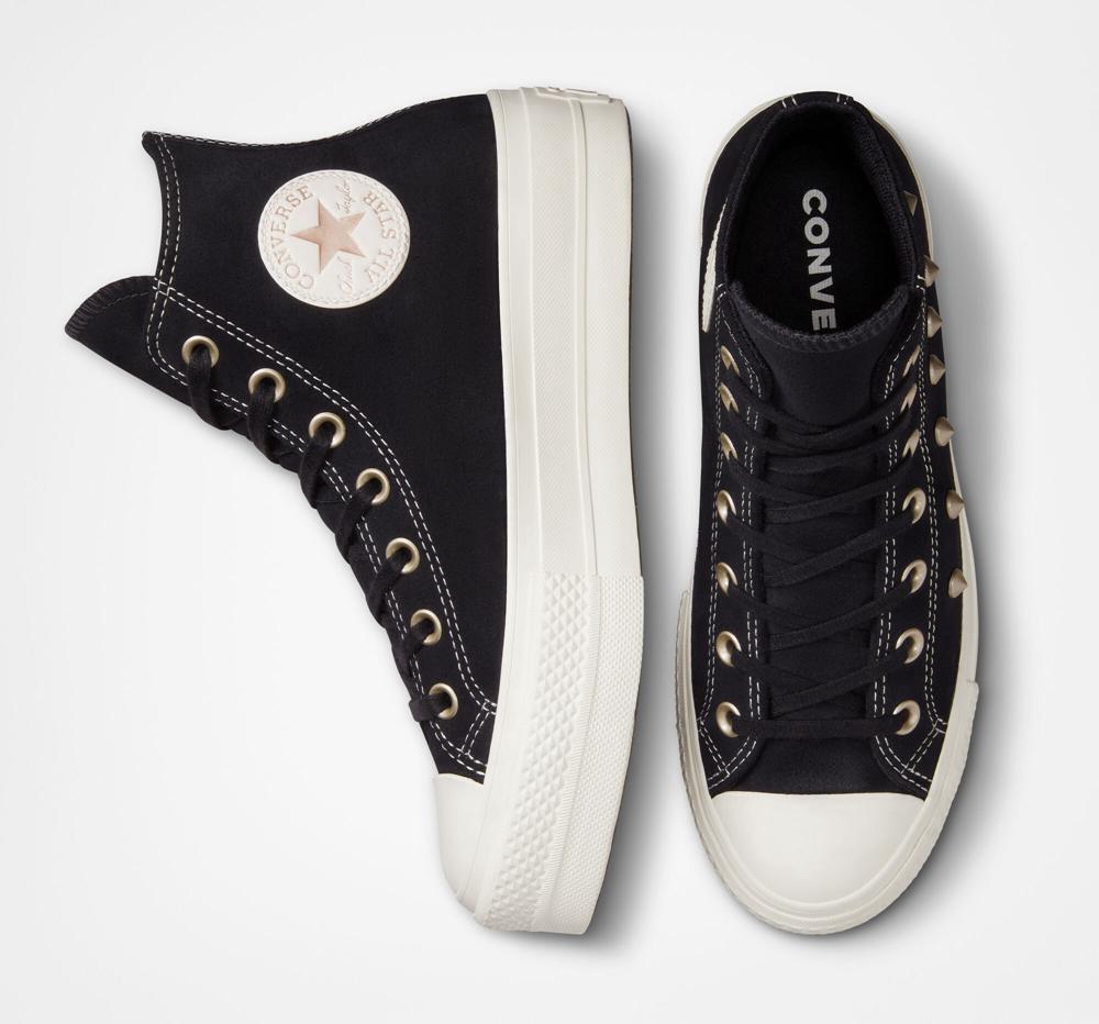 Black / Light Gold / Egret Converse Chuck Taylor All Star Lift Platform Suede Studs Women's High Tops  US |  07462-AYBQ