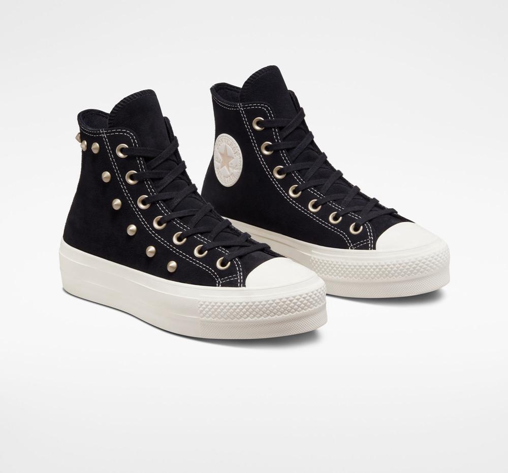 Black / Light Gold / Egret Converse Chuck Taylor All Star Lift Platform Suede Studs Women's High Tops  US |  07462-AYBQ