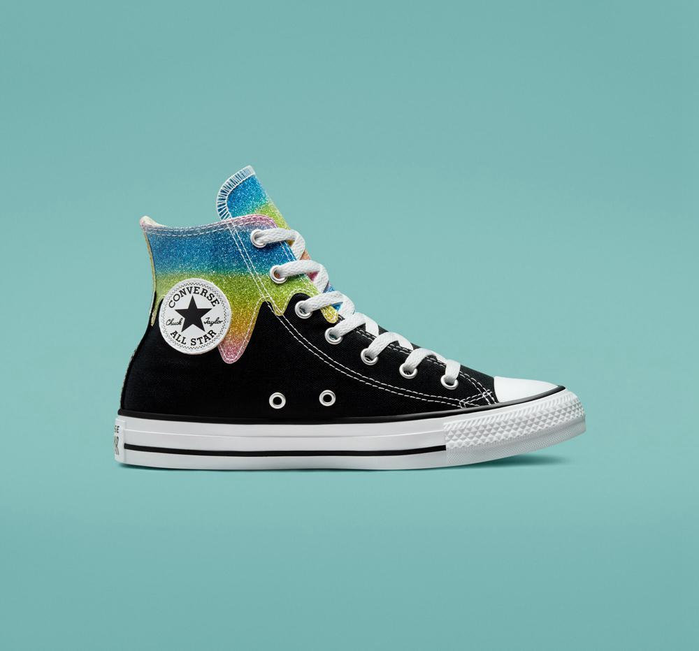 Black / Natural Ivory Converse Chuck Taylor All Star Glitter Drip Big Kids Girls\' High Tops  US |  32976-NVMH