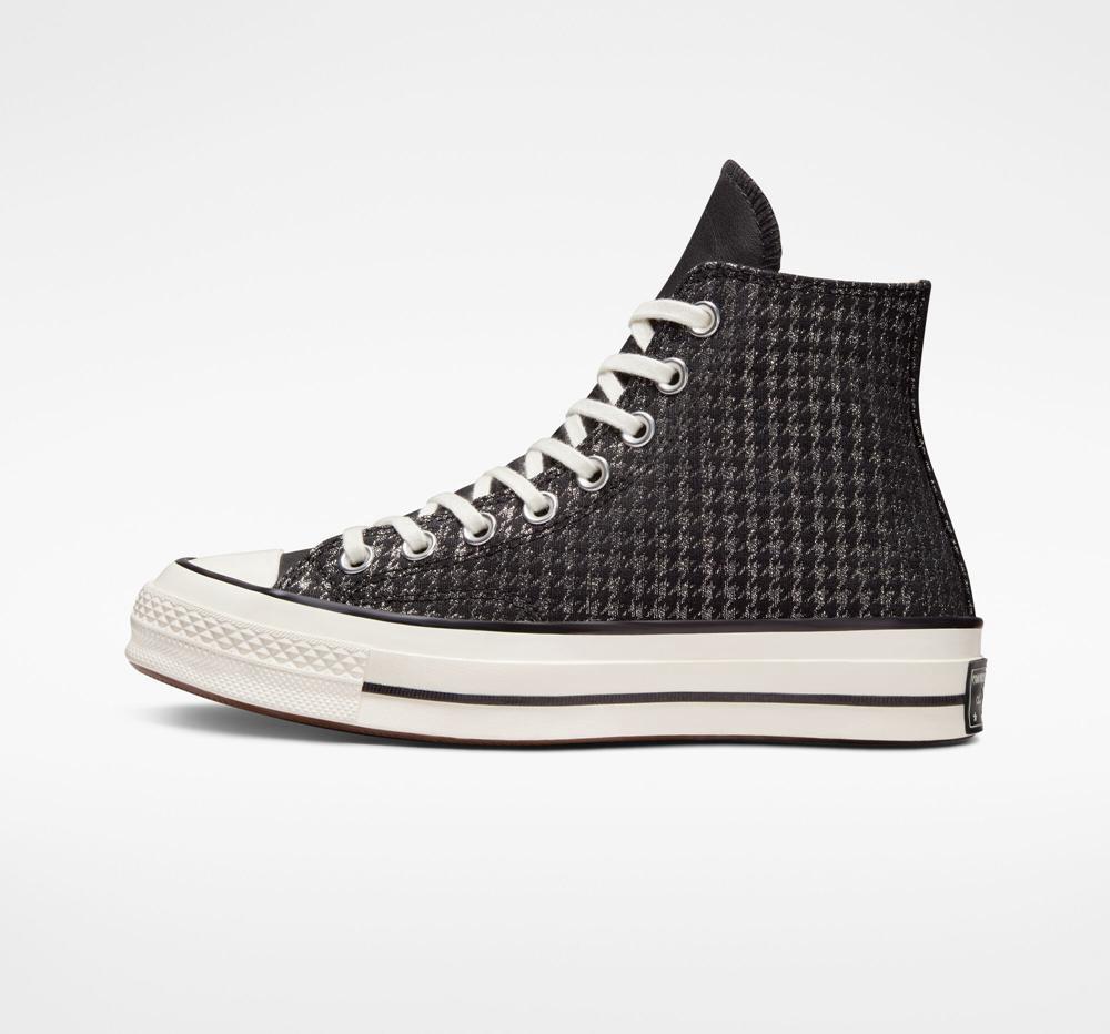 Black / Pure Silver / Egret Converse Chuck 70 Houndstooth Shine Women's High Tops  US |  54207-AYBF