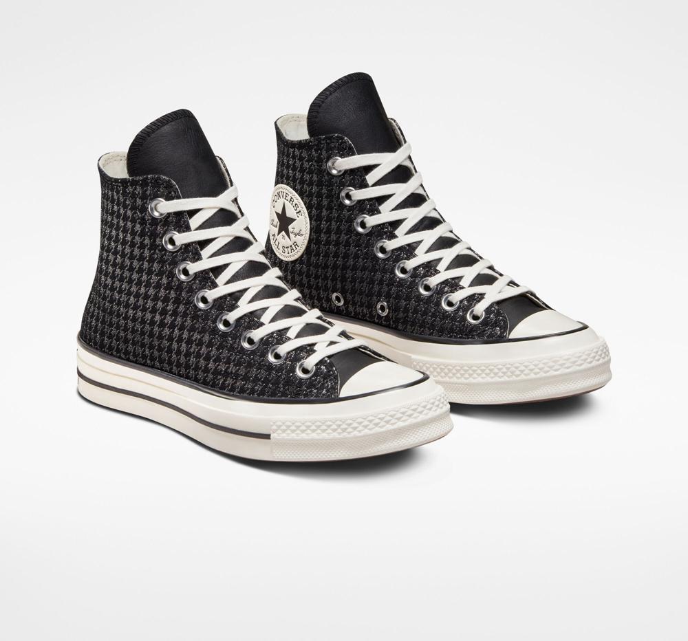 Black / Pure Silver / Egret Converse Chuck 70 Houndstooth Shine Women's High Tops  US |  54207-AYBF