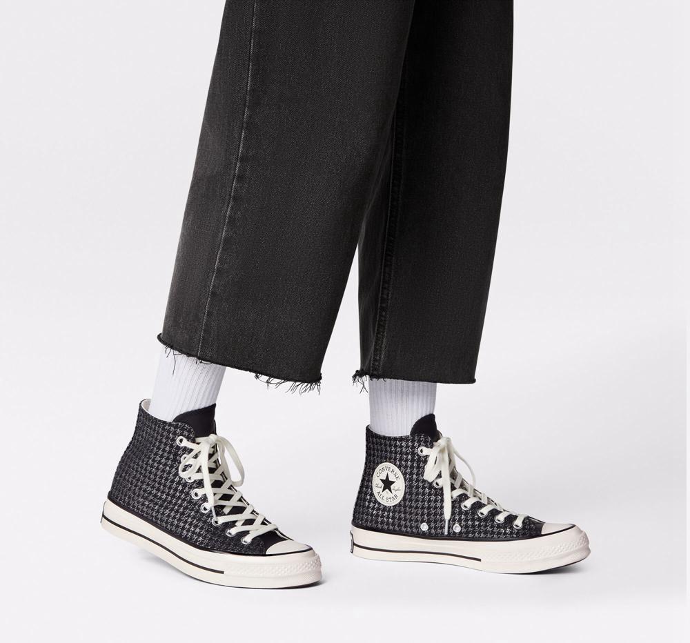 Black / Pure Silver / Egret Converse Chuck 70 Houndstooth Shine Women's High Tops  US |  54207-AYBF