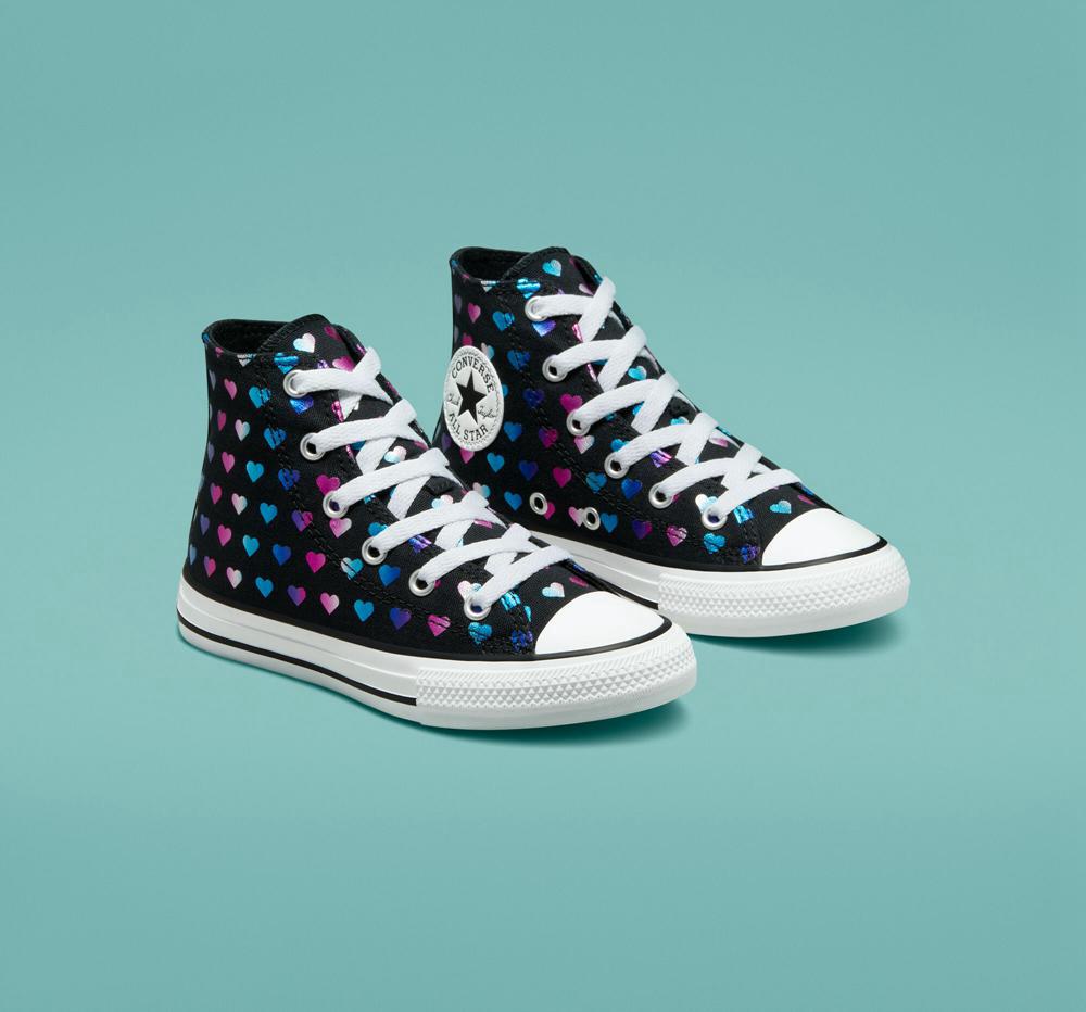 Black / White / Pink Converse Chuck Taylor All Star Foil Hearts Little Kids Girls' High Tops  US |  82510-NWKL