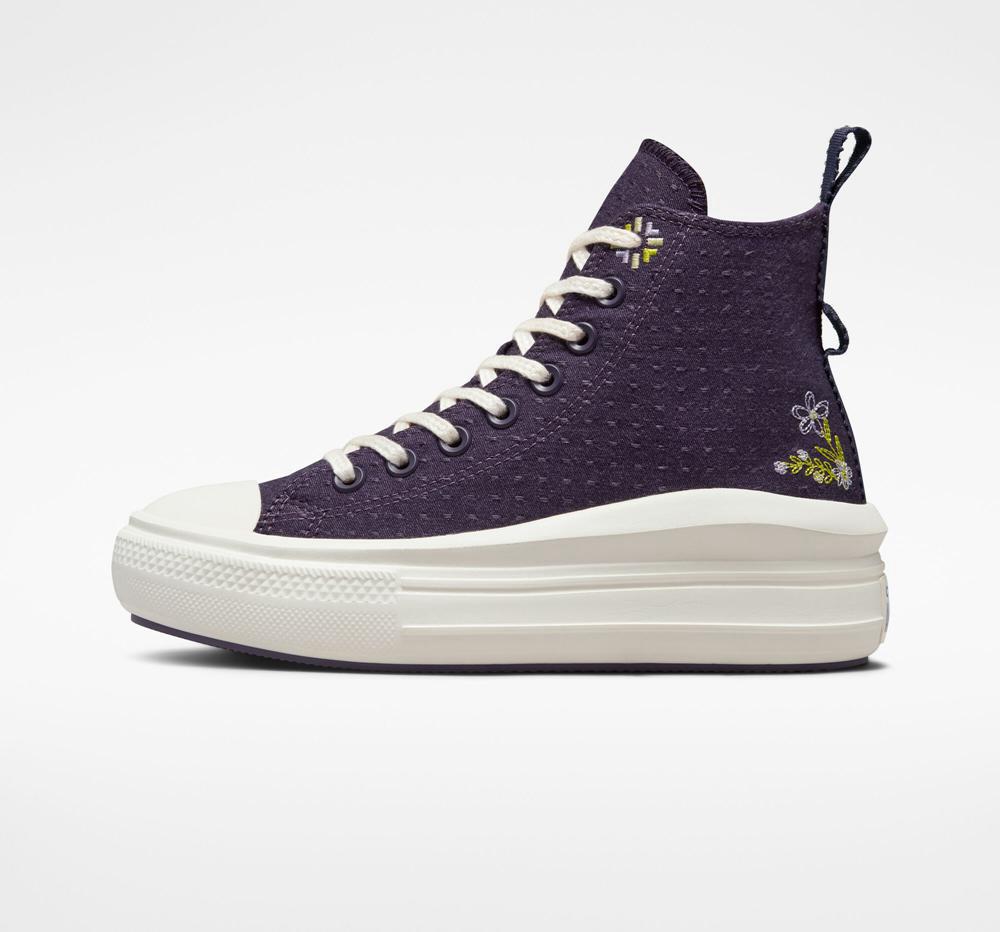 Green Dark Raisin / Slate Lilac Converse Chuck Taylor All Star Move Autumn Embroidery High Top Women's Platform Shoes  US |  01357-RPUA