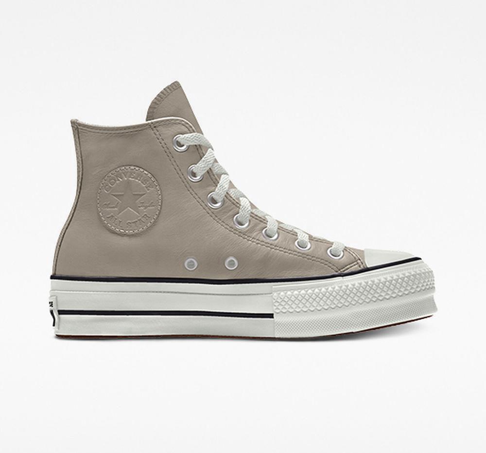 Grey Papyrus Converse Custom Chuck Taylor All Star Lift Leather By You Unisex High Top Women\'s Platform Shoes  US |  14958-UDMJ