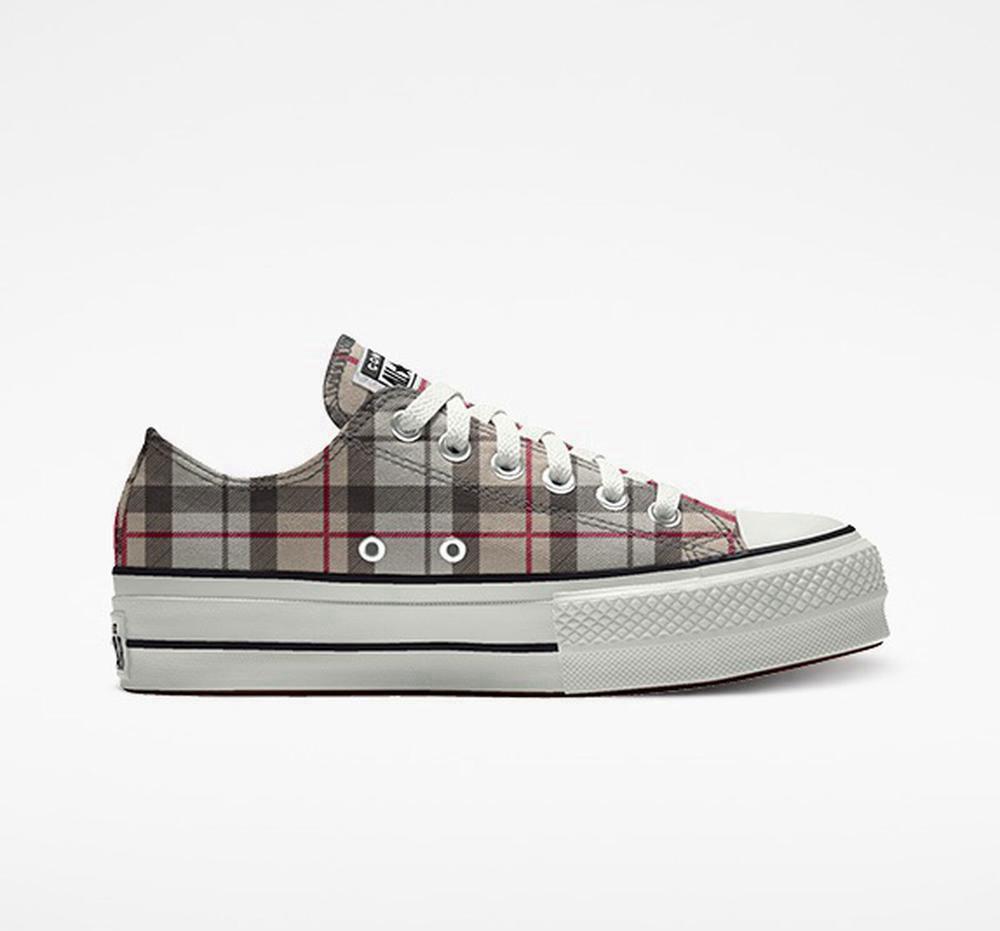 Grey Winter Plaid Converse Custom Chuck Taylor All Star Lift Canvas By You Unisex Low Top Women\'s Platform Shoes  US |  70642-RCJO