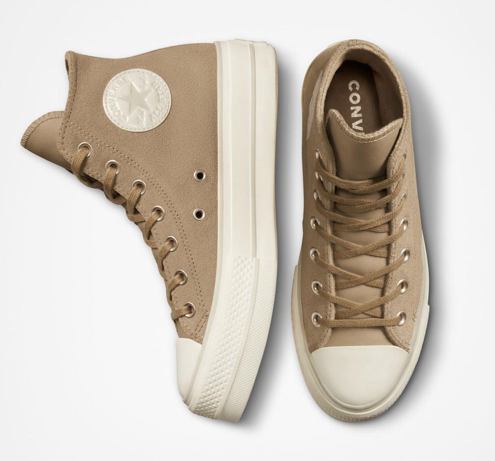 Nomad Khaki / Desert Sand / Egret Converse Chuck Taylor All Star Lift Suede High Top Women's Platform Shoes  US |  93406-NQKJ