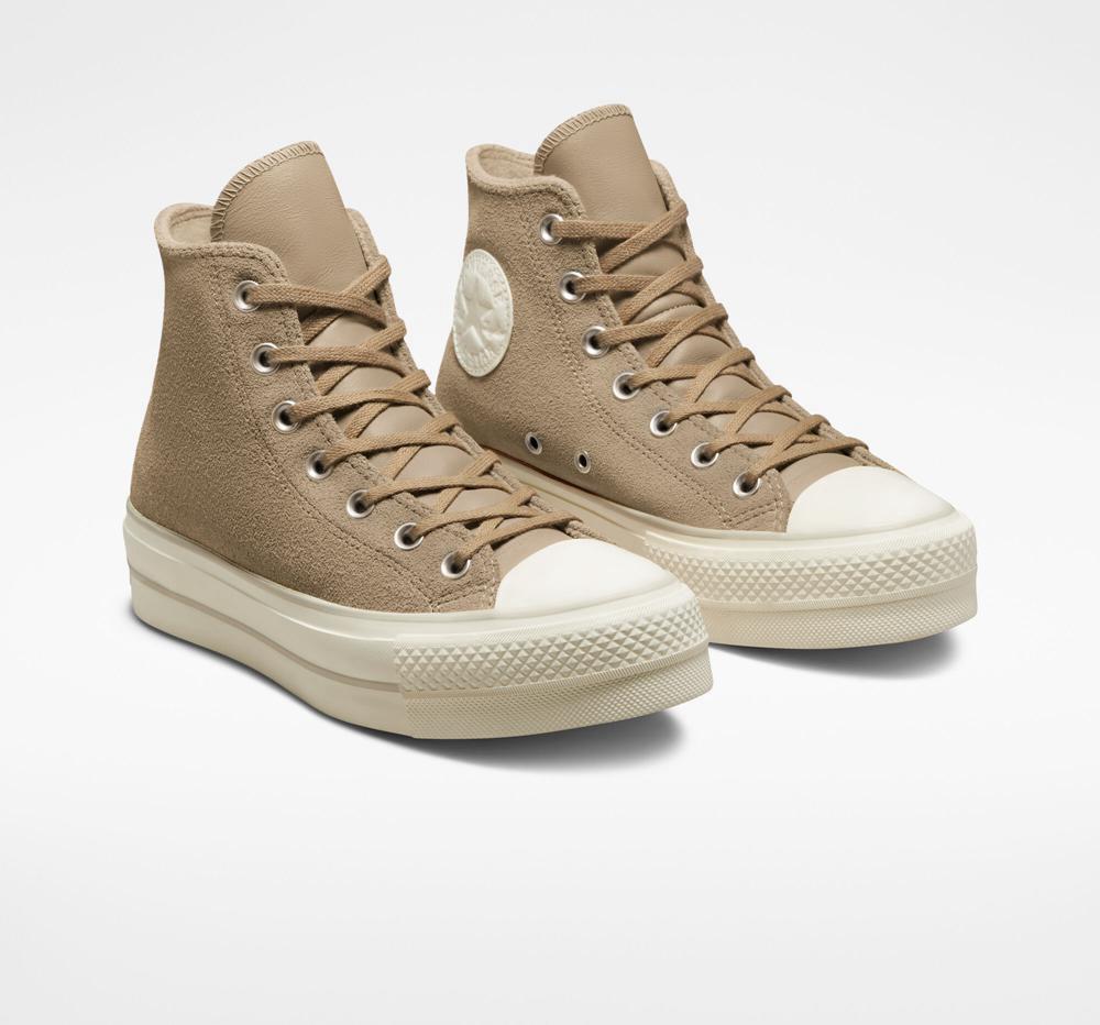 Nomad Khaki / Desert Sand / Egret Converse Chuck Taylor All Star Lift Suede High Top Women's Platform Shoes  US |  93406-NQKJ