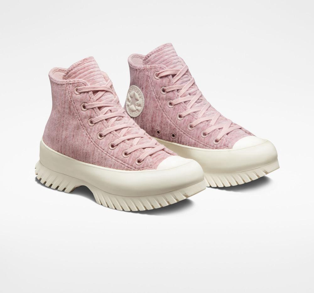 Pink Stone Mauve / Saddle / Egret Converse Chuck Taylor All Star Lugged 2.0 Velour Unisex High Top Women's Platform Shoes  US |  06975-YXEL