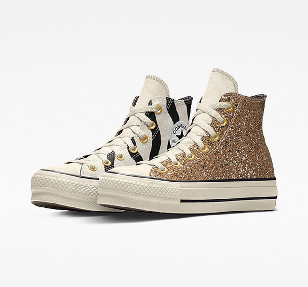 Tripanel Gold Converse Custom Chuck Taylor All Star Lift Glitter By You High Top Women\'s Platform Shoes  US |  05246-BKFV