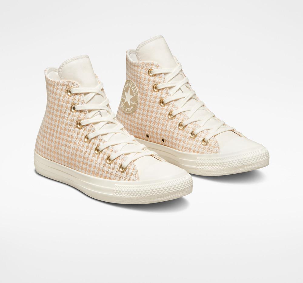 White Egret / Light Gold / Wgret Converse Chuck Taylor All Star Houndstooth Shine Women's High Tops  US |  46027-VJUM