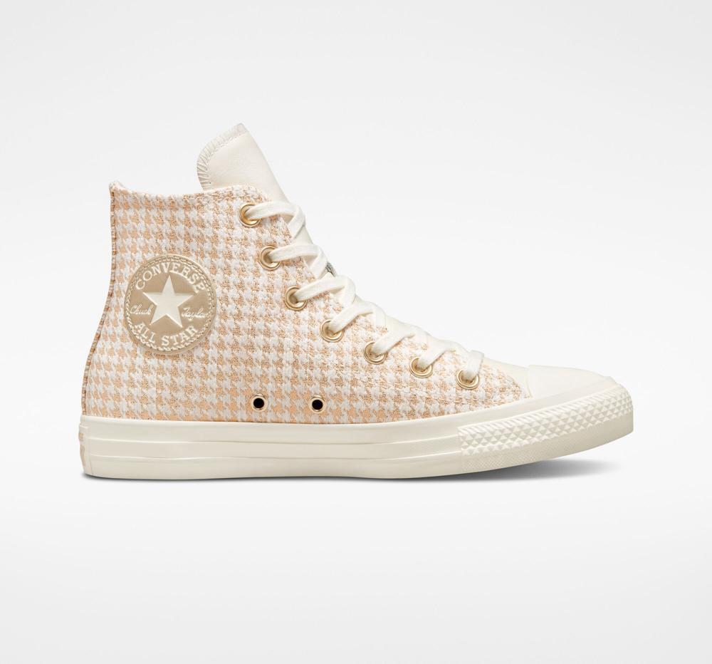 White Egret / Light Gold / Wgret Converse Chuck Taylor All Star Houndstooth Shine Women\'s High Tops  US |  46027-VJUM