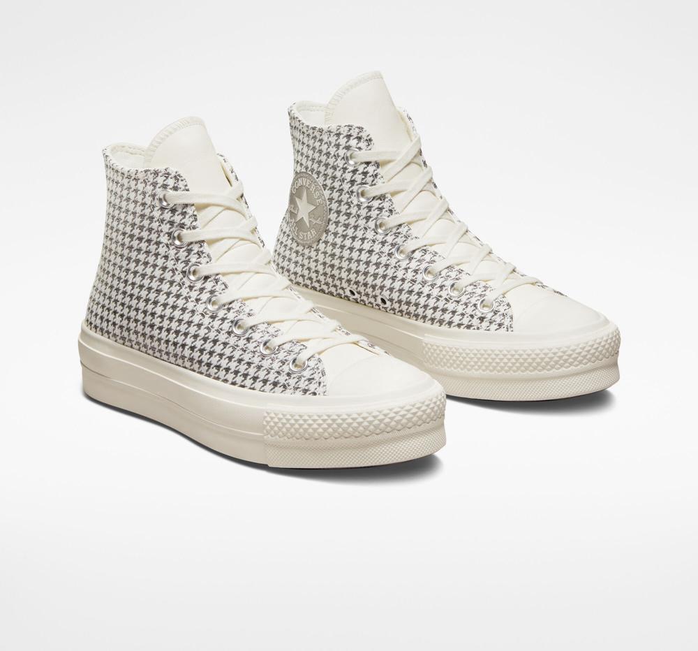 White Egret / Pure Silver Converse Chuck Taylor All Star Lift Houndstooth Shine High Top Women's Platform Shoes  US |  41082-KHQT