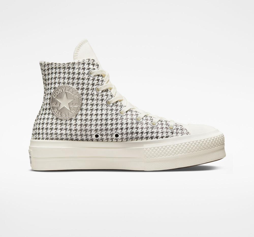 White Egret / Pure Silver Converse Chuck Taylor All Star Lift Houndstooth Shine High Top Women\'s Platform Shoes  US |  41082-KHQT