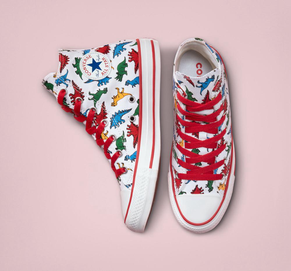 White / Enamel Red / Totally Blue Converse Chuck Taylor All Star Dinosaurs Big Kids Girls' High Tops  US |  36014-WTAU