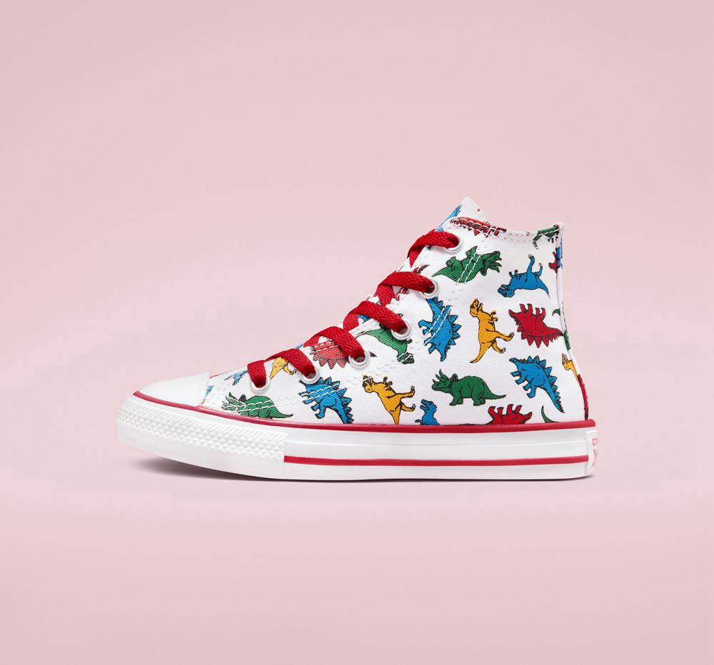 White / Enamel Red / Totally Blue Converse Chuck Taylor All Star Dinosaurs Little Kids Boys' High Tops  US |  47592-XVHW