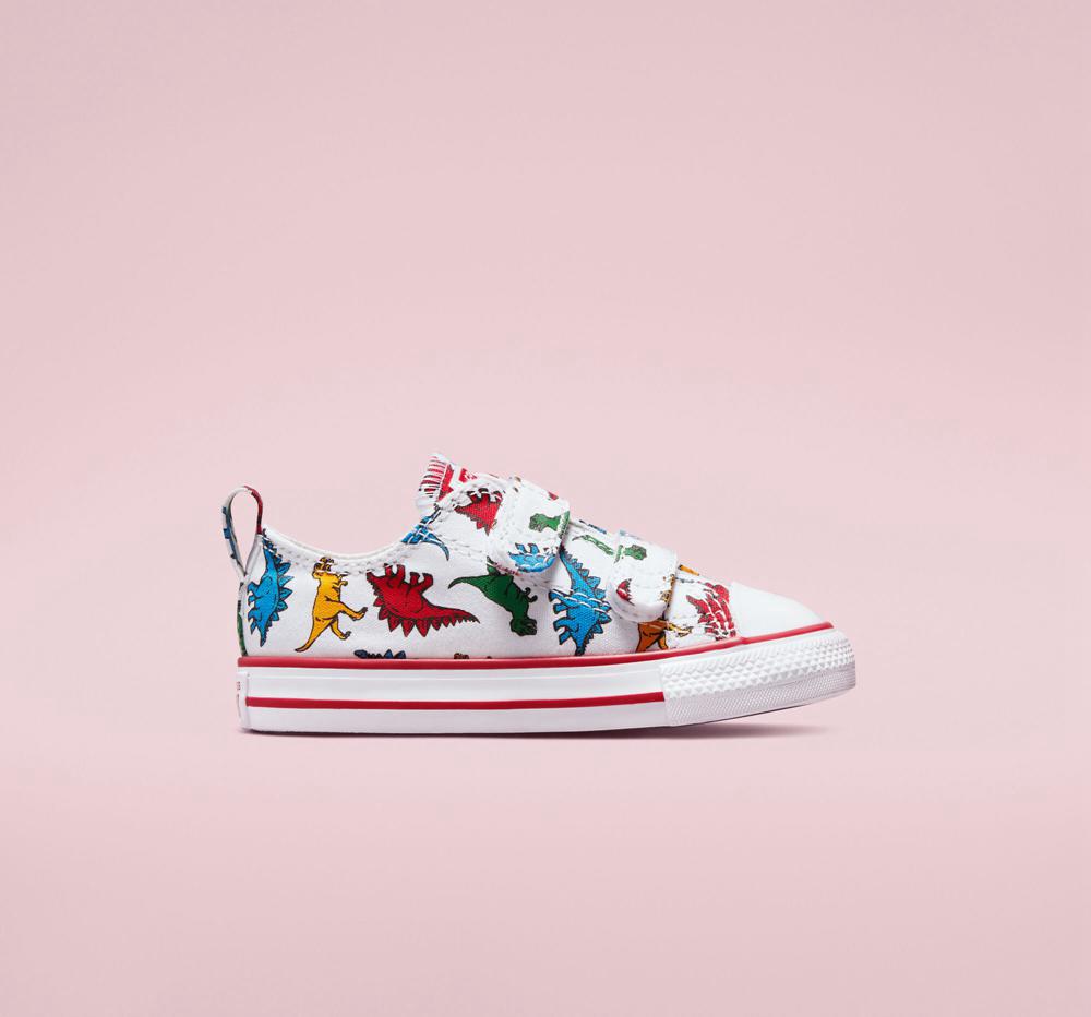 White / Enamel Red / Totally Blue Converse Chuck Taylor All Star Easy On Dinosaurs Toddler Girls\' Low Tops  US |  94538-YFPB