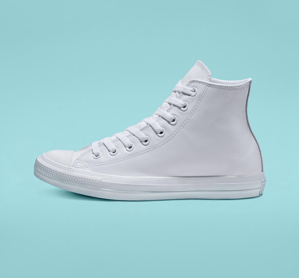 White Monochrome Converse Chuck Taylor All Star Leather Unisex Men's High Tops  US |  61308-CWGL