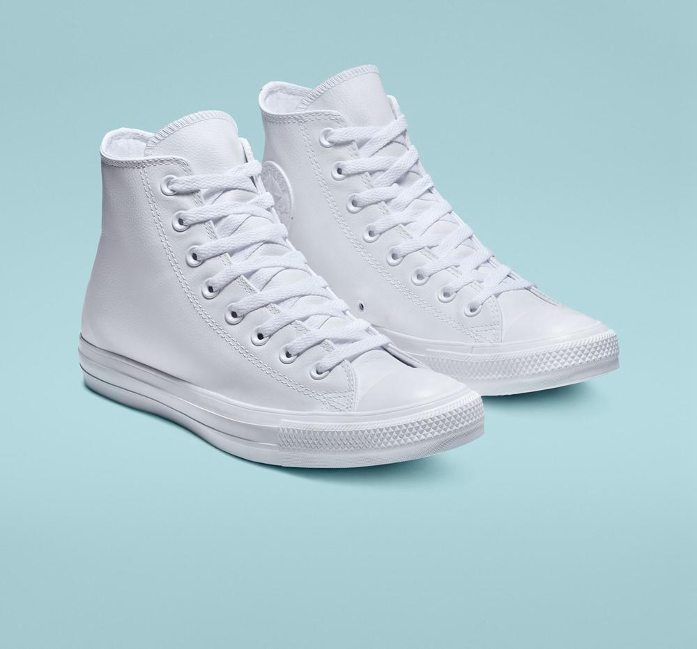 White Monochrome Converse Chuck Taylor All Star Leather Unisex Men's High Tops  US |  61308-CWGL