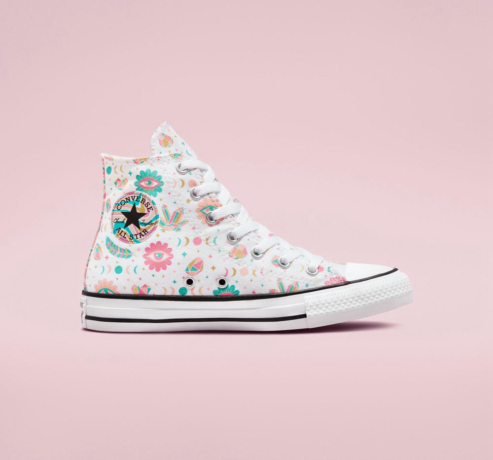 White / Pink / Bleached Coral Converse Chuck Taylor All Star Mystic Gems Big Kids Girls\' High Tops  US |  89412-EWLK